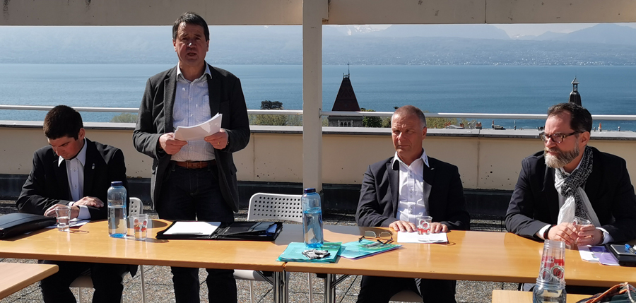 Copyright AGIR - De gauche à droite, Loïc Bardet, directeur d'Agora; Laurent Tornay, président d'Agora; Claude Baehler, président de Prométerre; Grégoire Nappey, chef du projet de campagne