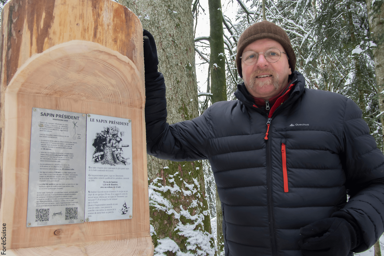 Claude-André Montandon gère 2200 hectares de forêts sur la Commune de Val-de-Travers et prend soin du sapin président qui mesure 58 mètres de hauteur. Crédit: ForêtSuisse