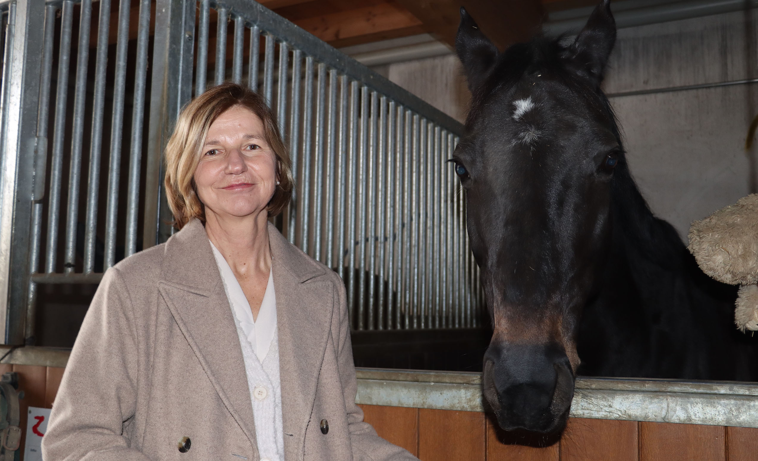 Christine Baumgartner prend la pose dans les écuries de l’IENA, au côté ici du cheval d’Inès Lamon, la responsable d’exploitation du Haras national, qui nous présentait sa propre institution il y a quelques semaines – photo EA 
