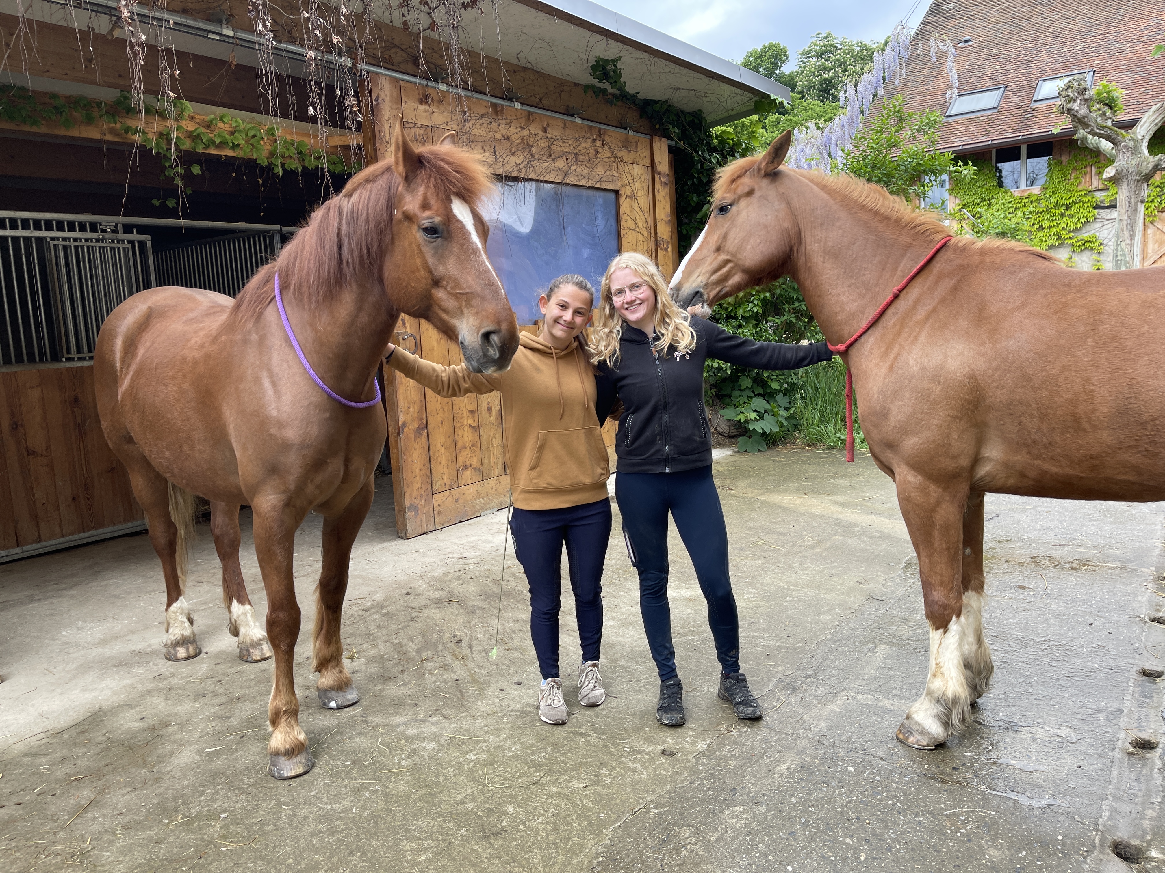 Aurélie (à gauche) et Alicia avec leurs deux chevaux - photo PB